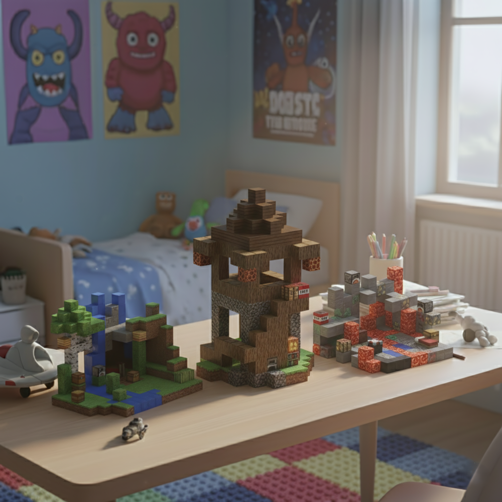 Blocs magnétiques PixelCraft assemblés en structure colorée sur une table, jeu de construction créatif et éducatif pour enfants.