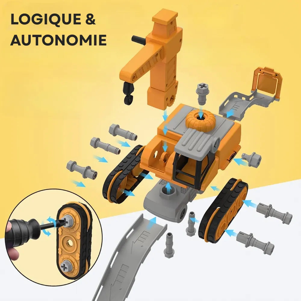 MiniBric jeu de bricolage éducatif – enfant en train de construire un engin de chantier