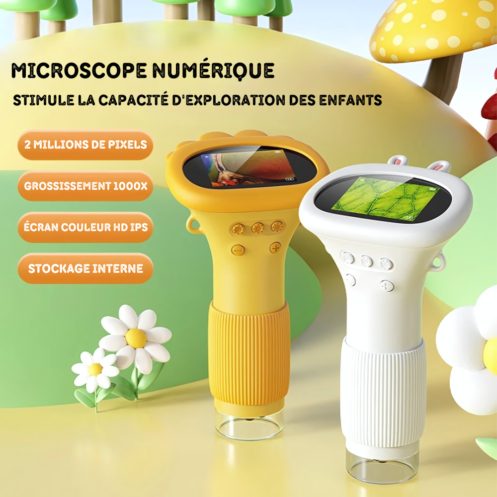 Microscope numérique enfant jaune et blanc posé sur une table, présentation produit avec écran et design ludique