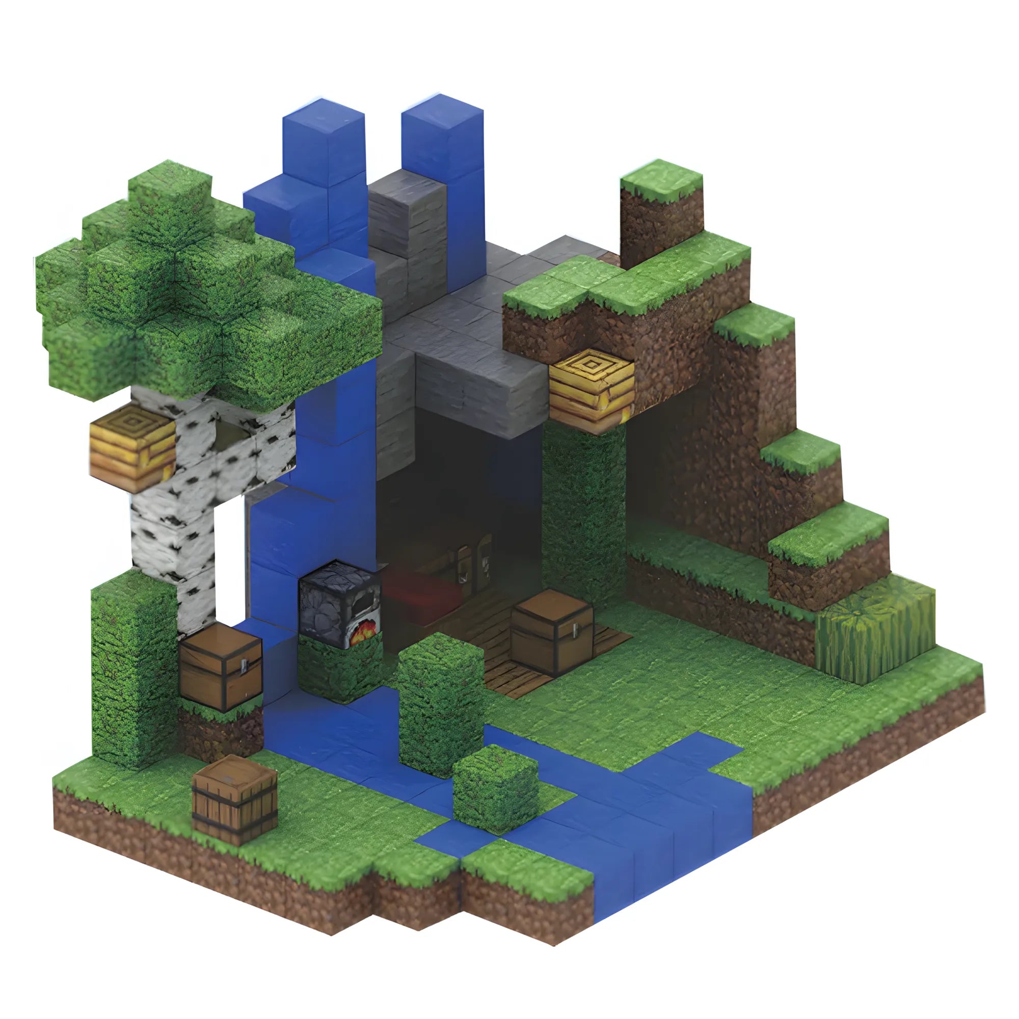 PixelCraft décor à construire style pixel art avec forêt, rivière et terrain en blocs